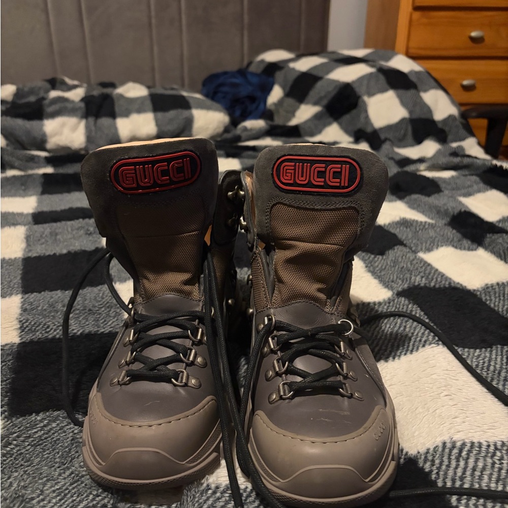 Gucci Charcoal Boots with Bold Red Accents